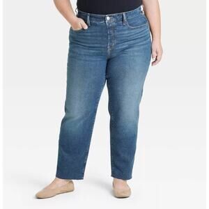 Ellos Mid-Rise Slim Fit Straight Jeans Raw Hem Blue Denim Womens Plus Size 20